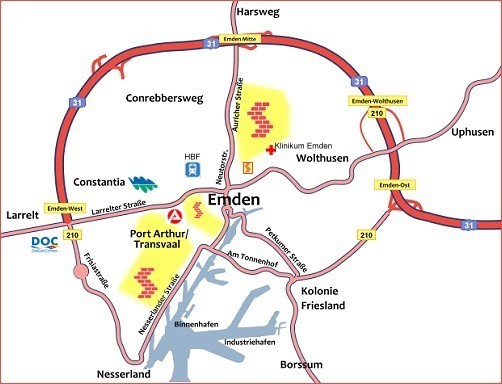 Karte von Emden: Wohnungskarte der Wohnungsbau-Genossenschaft "Selbsthilfe" eG in Emden
